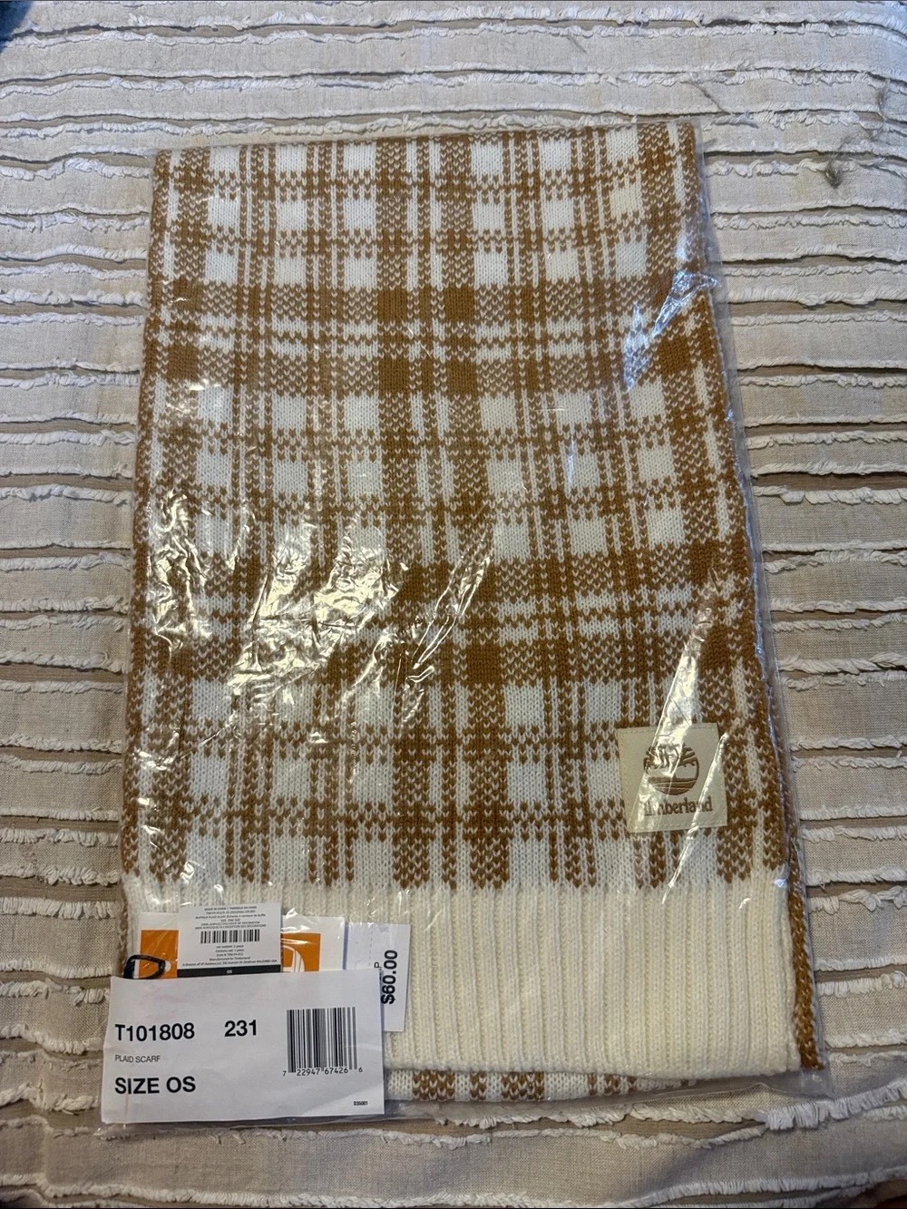 Plaid Knit Scarf in Tan and White - Timberland